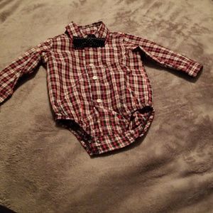 Red and black plaid shirt with bow tie